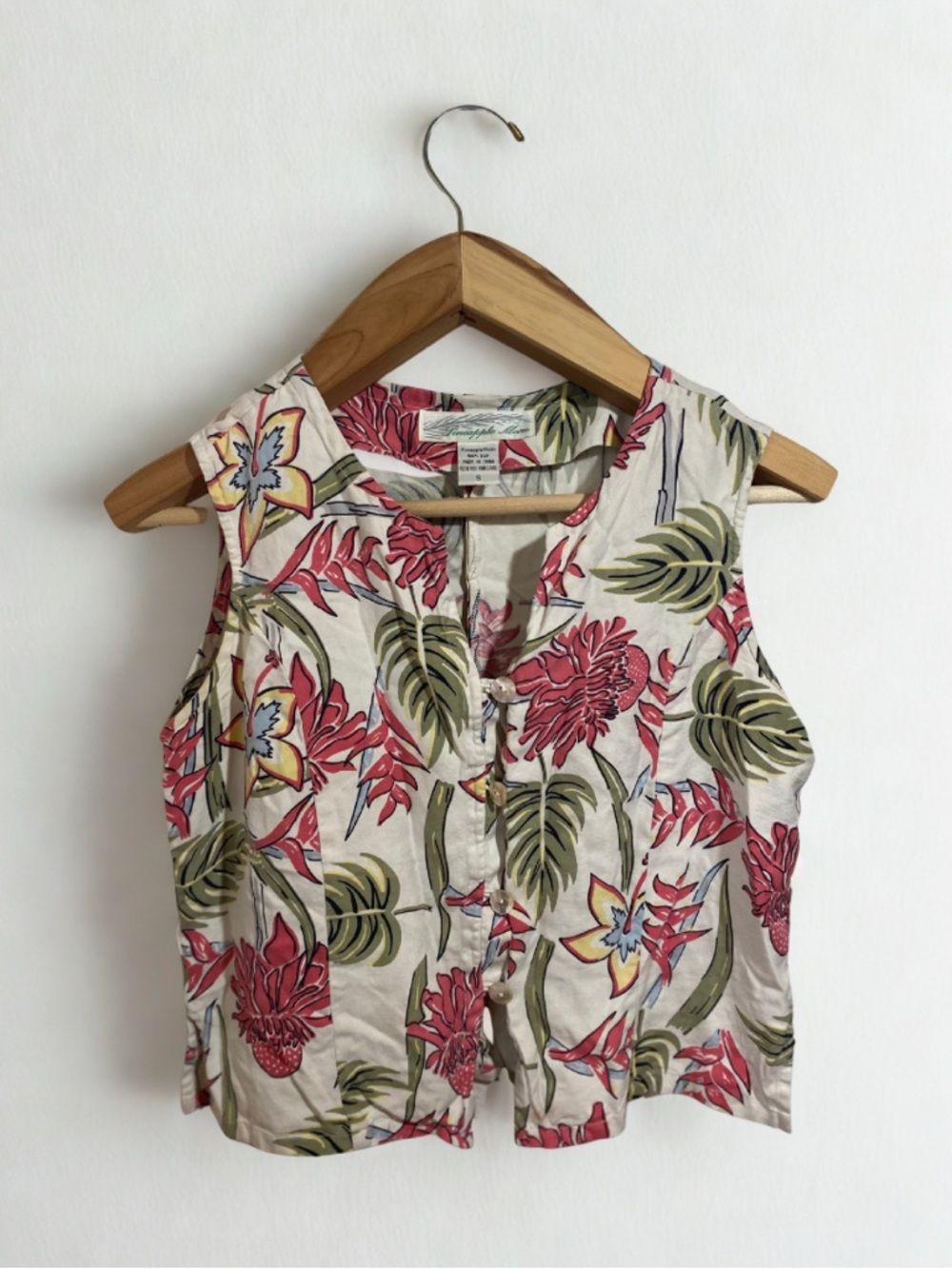Pineapple Moon 100% Silk Sleeveless Tropical Button Down Blouse Size Small